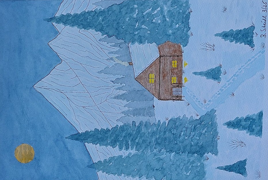  AQUARELLBILD / HOLZHÜTTE IN BERGLANDSCHAFT / FORMAT A4 (21x29,7cm) / 3/2025   