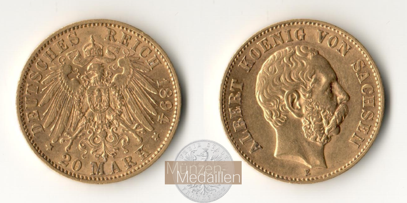Dt. Kaiserreich Sachsen, Albert MM-Frankfurt KM#1248 Feingold: 7,17g 20 Mark (1894-1995) 1894 E 