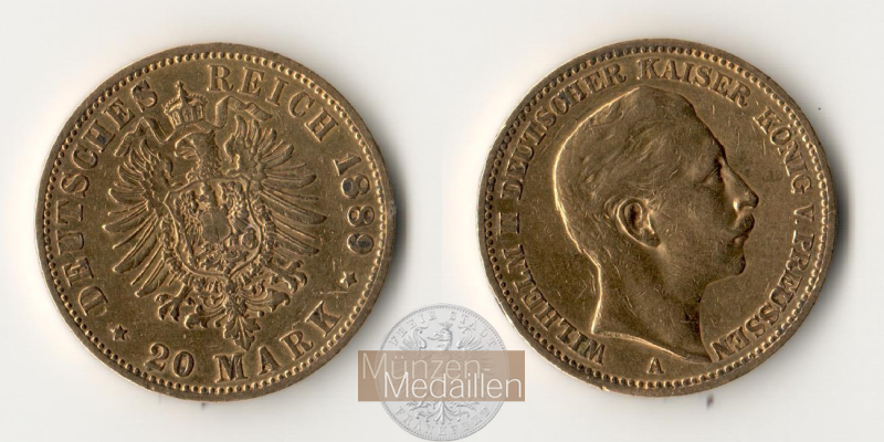 Dt. Kaiserreich. Preussen Wilhelm II. MM-Frankfurt Feingold: 7,17g 20 Mark 1889 A 