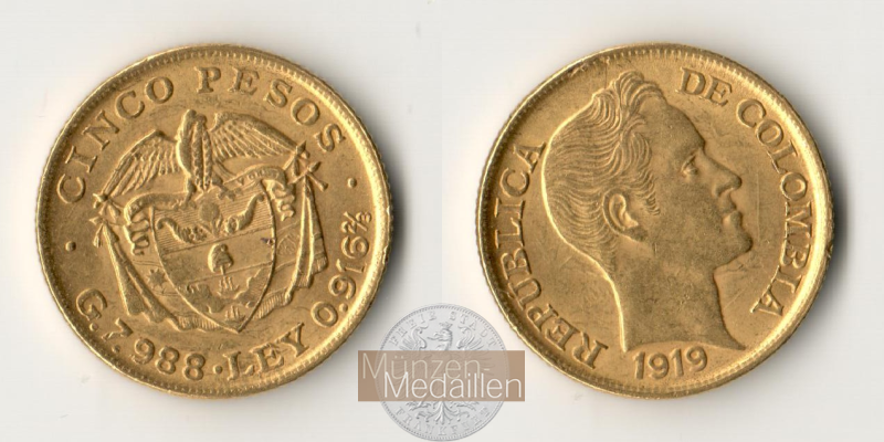 Kolumbien, Republik seit 1911. Feingold: 7,32g 5 Pesos 1919 