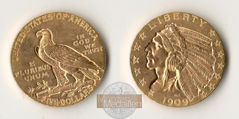 USA  5 Dollar MM-Frankfurt   Feingold: 7,52g Half Eagle - Indian Head 1909 