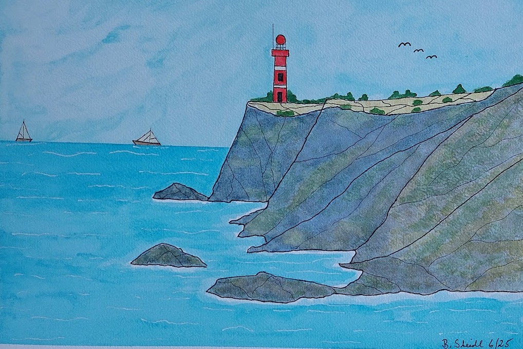  AQUARELLBILD / STEILKÜSTE MIT LEUCHTTURM (1) / FORMAT A4 (21x29,7cm) / 6/2025   