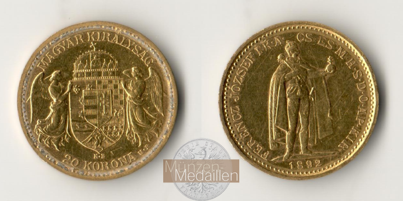 Ungarn Franz Joseph I MM-Frankfurt KM#486 Feingold: 6,10g 20 Kronen 1892 KB 