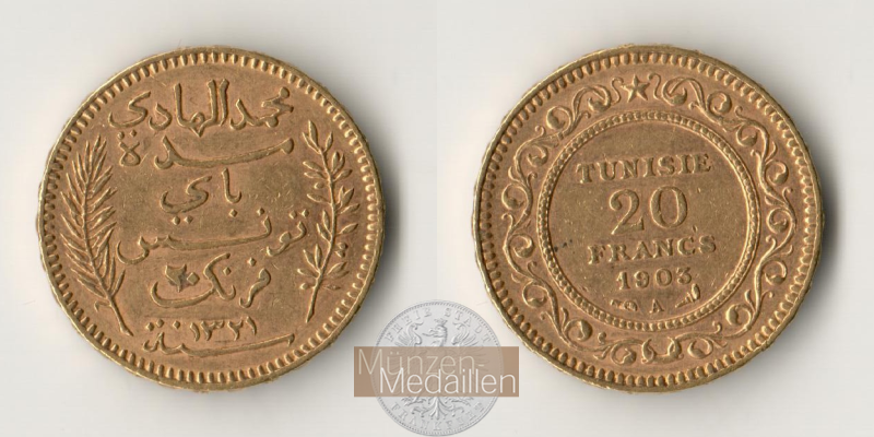 Tunesien (Französisches Protektorat) MM-Frankfurt Feingewicht: 5,81g 20 Francs 1903 A 