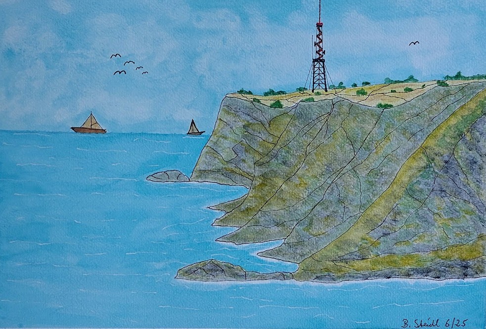  AQUARELLBILD / STEILKÜSTE MIT FUNKMAST / FORMAT A4 (21x29,7cm) / 6/2025   
