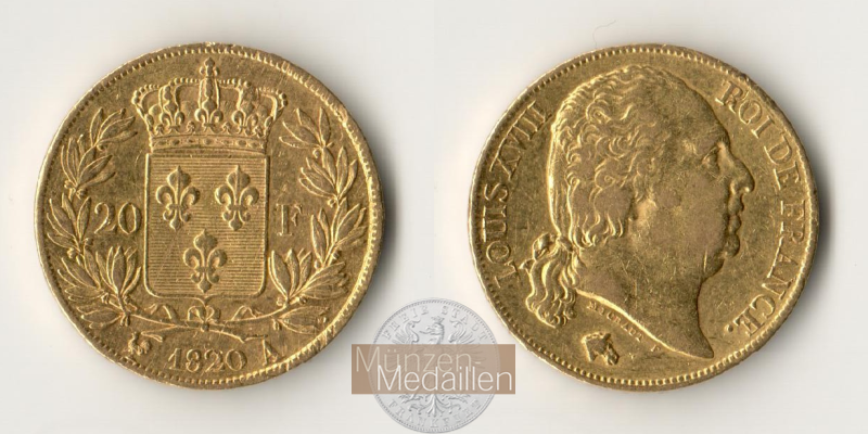 Frankreich MM-Frankfurt  Feingold: 5,81g 20 Francs 1820 A 
