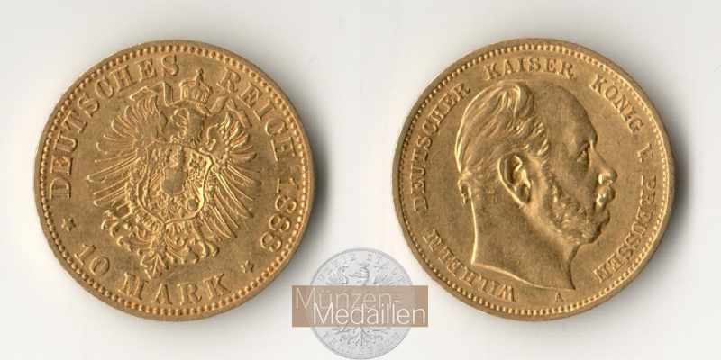 Deutsches Kaiserreich, Preussen. MM-Frankfurt Feingewicht: 3,58g Gold Wilhelm I. 1861-1888. 10 Mark 1888 A 
