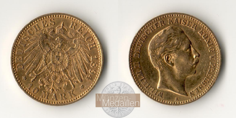 Deutsches Kaiserreich, Preussen. MM-Frankfurt Feingewicht: 3,58g Gold Wilhelm II. 1888-1918. 10 Mark 1894 A 