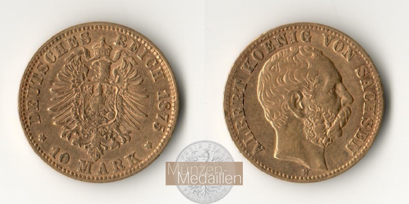 Deutsches Kaiserreich. Sachsen, Albert. MM-Frankfurt Feingewicht: 3,58g 10 Mark 1875 E sehr schön