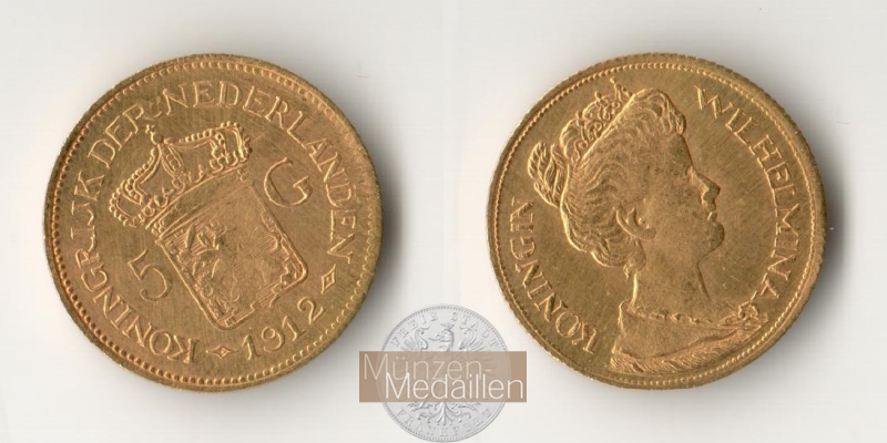 Niederlande, Wilhelmina MM-Frankfurt KM#151 Feingold: 3,02g 5 Gulden 1912 
