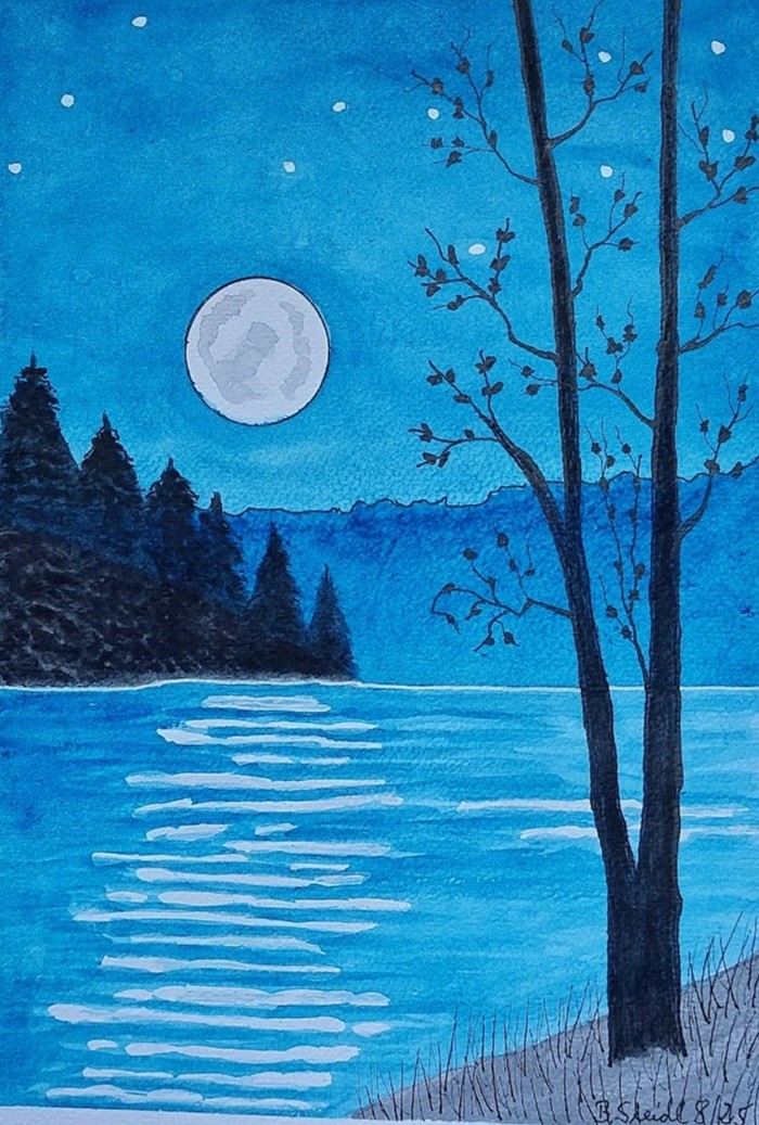  AQUARELLBILD / MOND ÜBER SEELANDSCHAFT (1) / FORMAT A4 (21x29,7cm) / 8/2025   