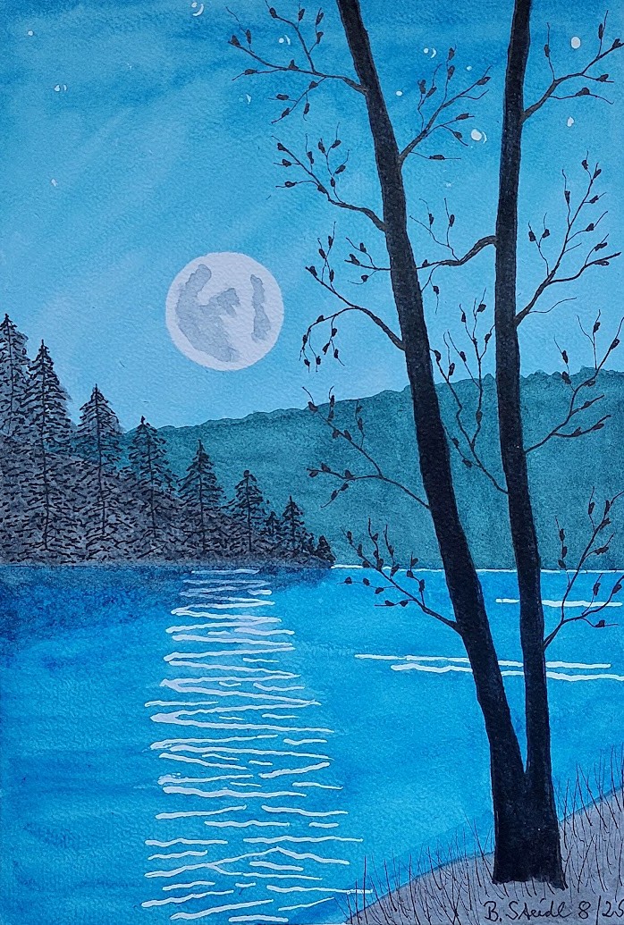  AQUARELLBILD / MOND ÜBER SEELANDSCHAFT (2) / FORMAT A4 (21x29,7cm) / 8/2025   