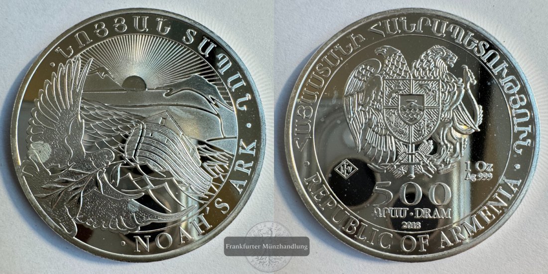  Armenien 500 Dram 2018 (2011-2025) Arche Noah FM-Frankfurt KM#196 Feinsilber: 31,1g   
