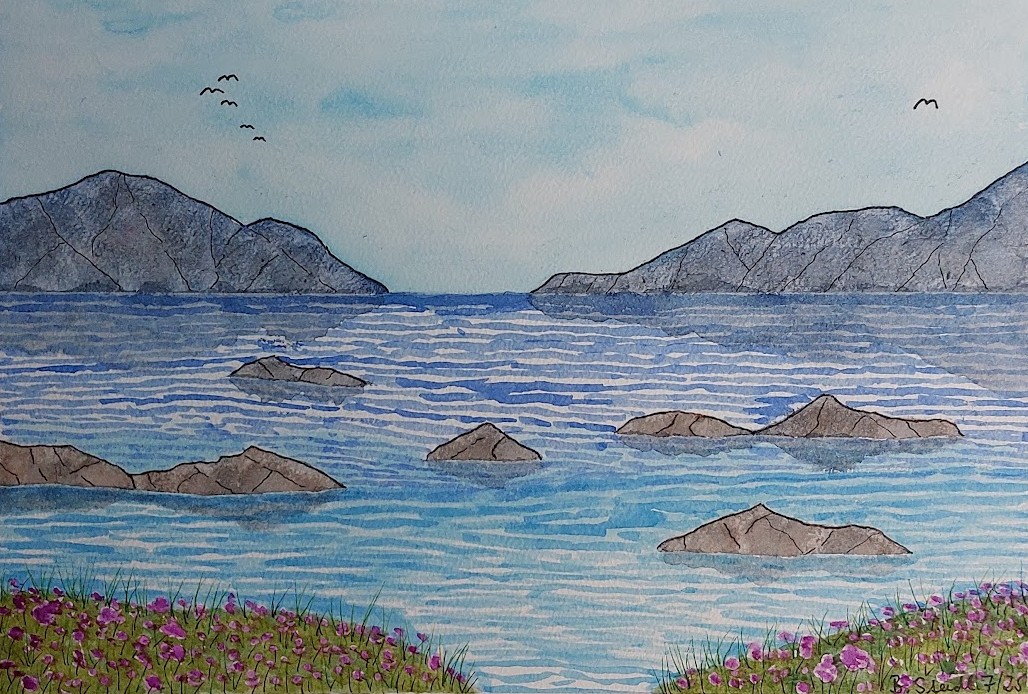  AQUARELLBILD-0029 / FÜNF FELSEN IM MEER (2) / FORMAT A4 (21x29,7cm) / 7/2025   