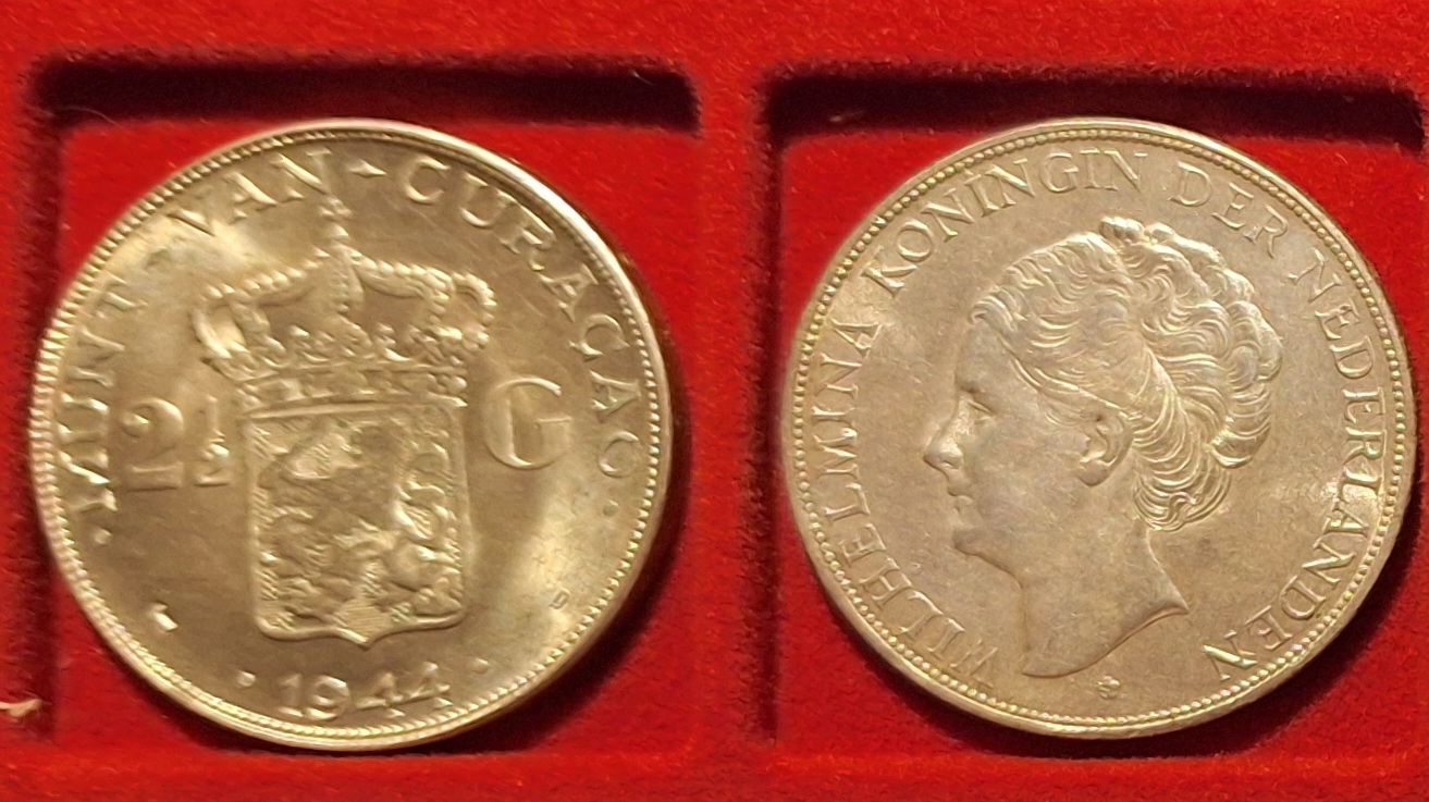  CURACAO, 2-1/2 Gulden, 1944 Wilhemina Königin der Niederlande 25g 720er Silber fein=18g   