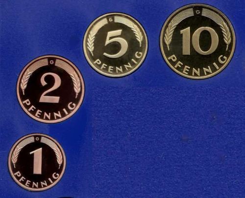  1979 G * 4 Münzen 1 bis 10 Pfennig DM-Währung Polierte Platte PP, proof, top   