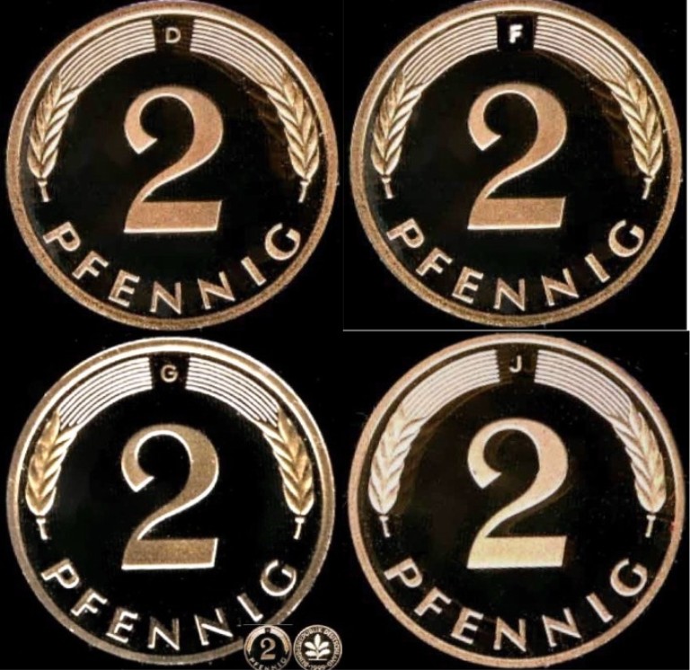  1977 D F G J * 4 Münzen 2 Pfennig DM-Währung Polierte Platte PP, proof   