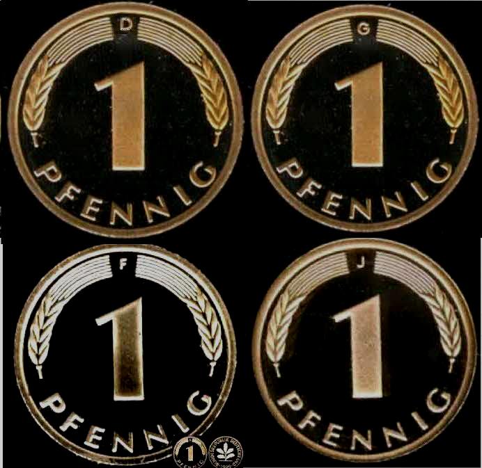  1977 D F G J * 4 Münzen 1 Pfennig DM-Währung Polierte Platte PP, proof   