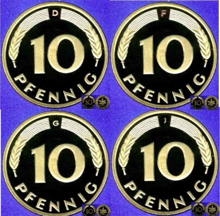  1977 D F G J  * 4 Münzen 10 Pfennig DM-Währung Polierte Platte PP, proof   