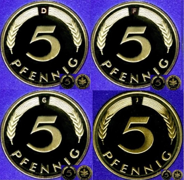  1977 D F G J  * 4 Münzen 5 Pfennig DM-Währung Polierte Platte PP, proof   