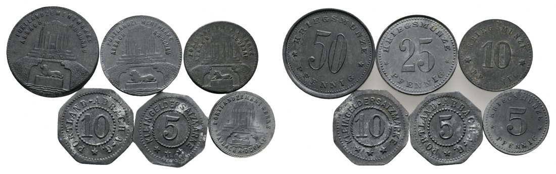  Notgeld; Bayern, ABBACH A.D.DONAU - PORTLAND ZEMENTWERKE; 50, 25, 10, 5 Pfennig (6 Stück)   