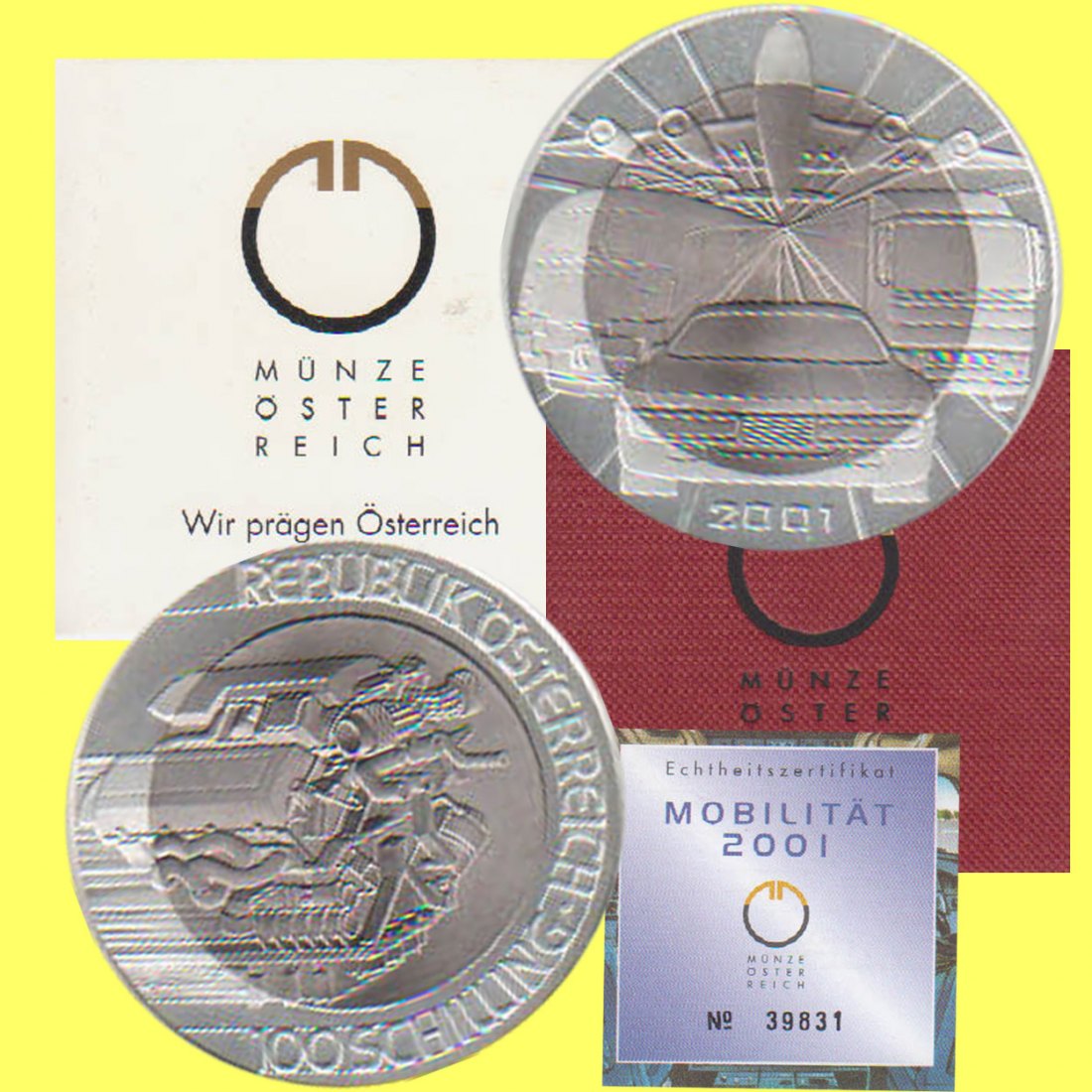  Offiz. 100-öS-Titan-Silbermünze Österr. *Mobilität* 2001 *PP* nur 50.000St.   