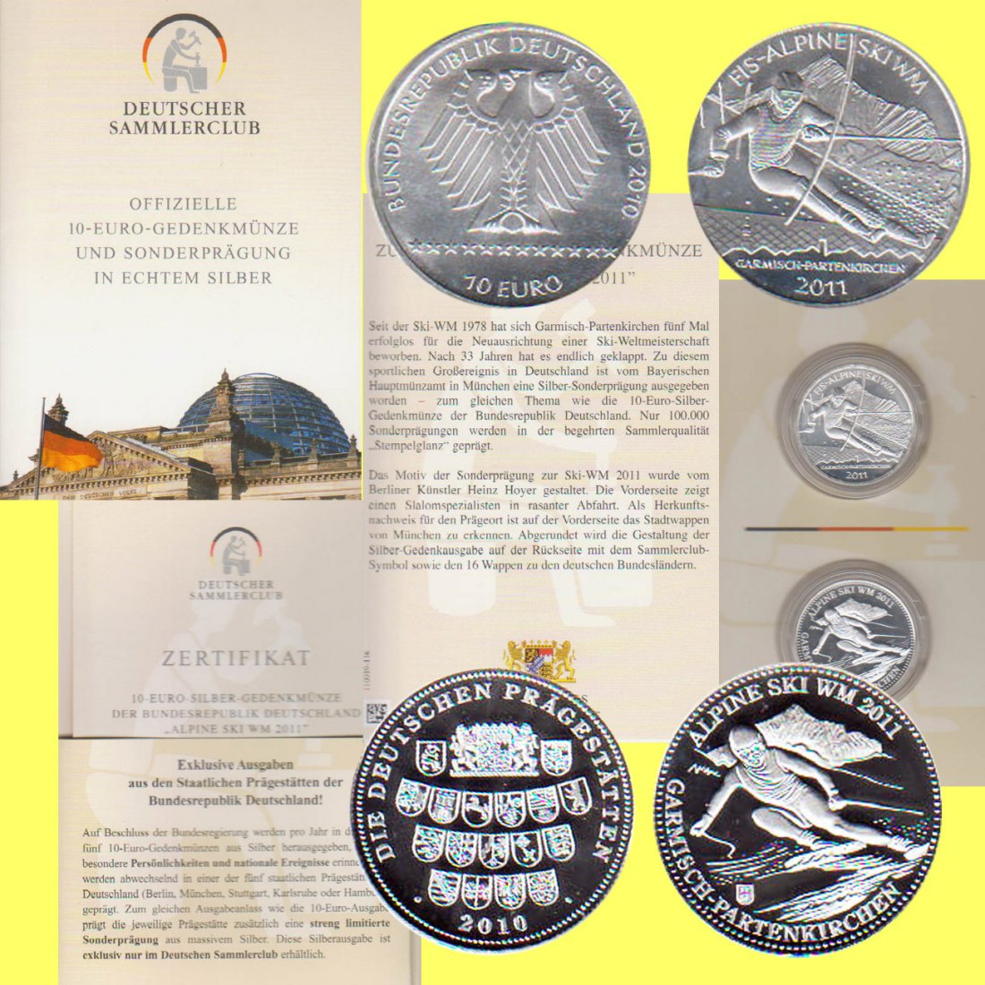  10-€-Silbermünze BRD *Alpine Ski WM 2011* und Sonderprägung in Silber 2010 23g Feinsiber   