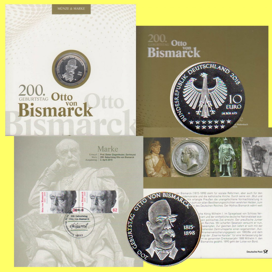  10-€-Silbermünze BRD *Otto von Bismarck* 2015 *PP* Postausgabe mit Briefmarken   