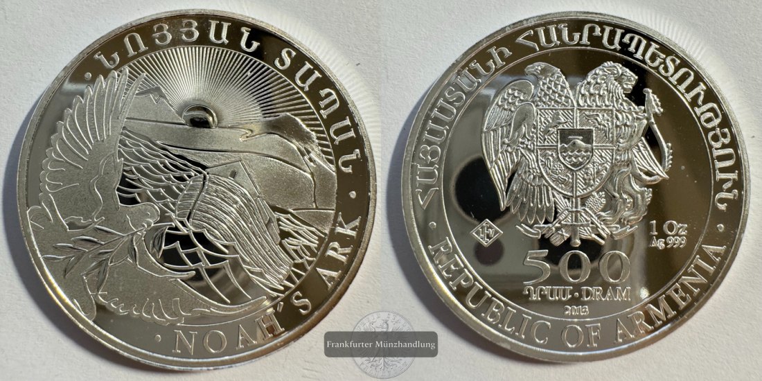  Armenien 500 Dram 2018 (2011-2025) Arche Noah FM-Frankfurt KM#196 Feinsilber: 31,1g   
