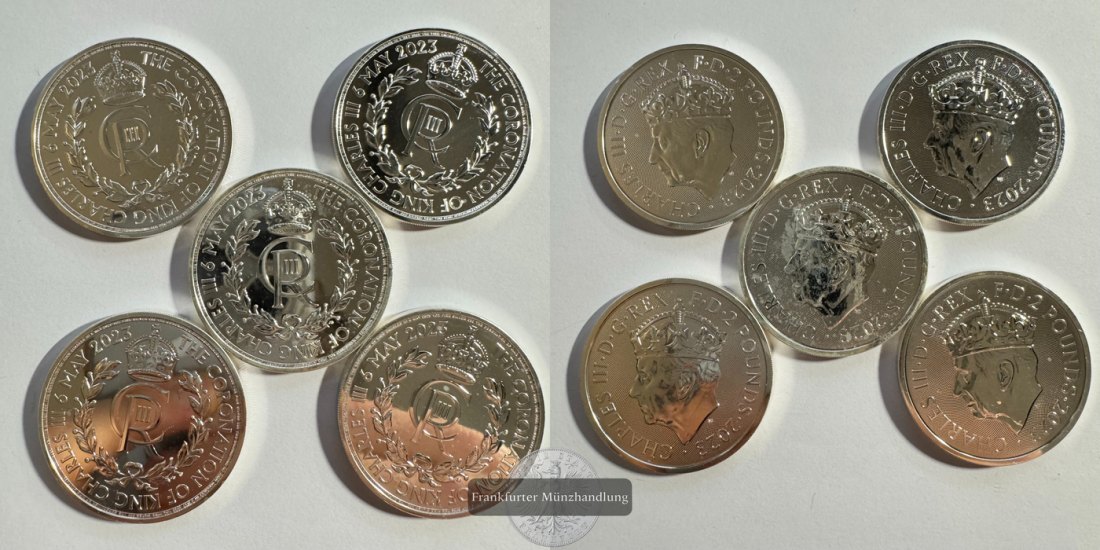  UK 5x 2 Pounds Charles III (Coronation) 2023 FM-Frankfurt N#370269 Feinsilber: 156,05g   