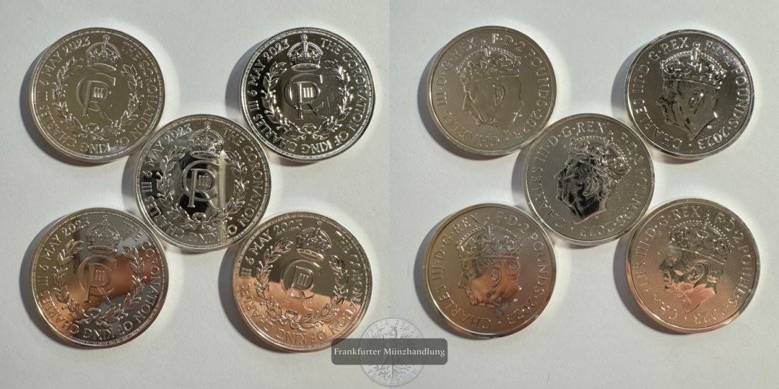  UK 5x 2 Pounds Charles III (Coronation) 2023 FM-Frankfurt N#370269 Feinsilber: 156,05g   