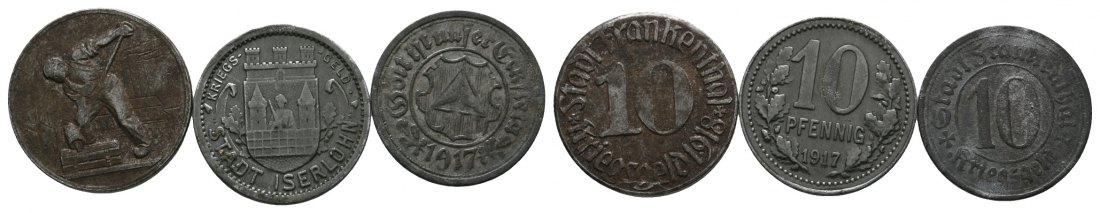  Notgeld; verschiedene Städte; 3 Kleinmünzen 1917 / 1918   