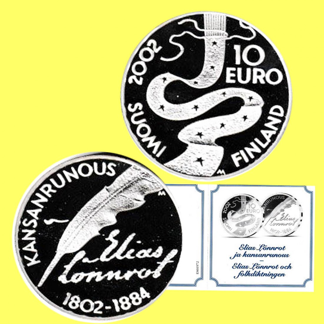  Offiz. 10-€-Silbermünze Finnland *200. Geburtstag von Elias Lönnrot* 2002 *PP* nur 40.000St   