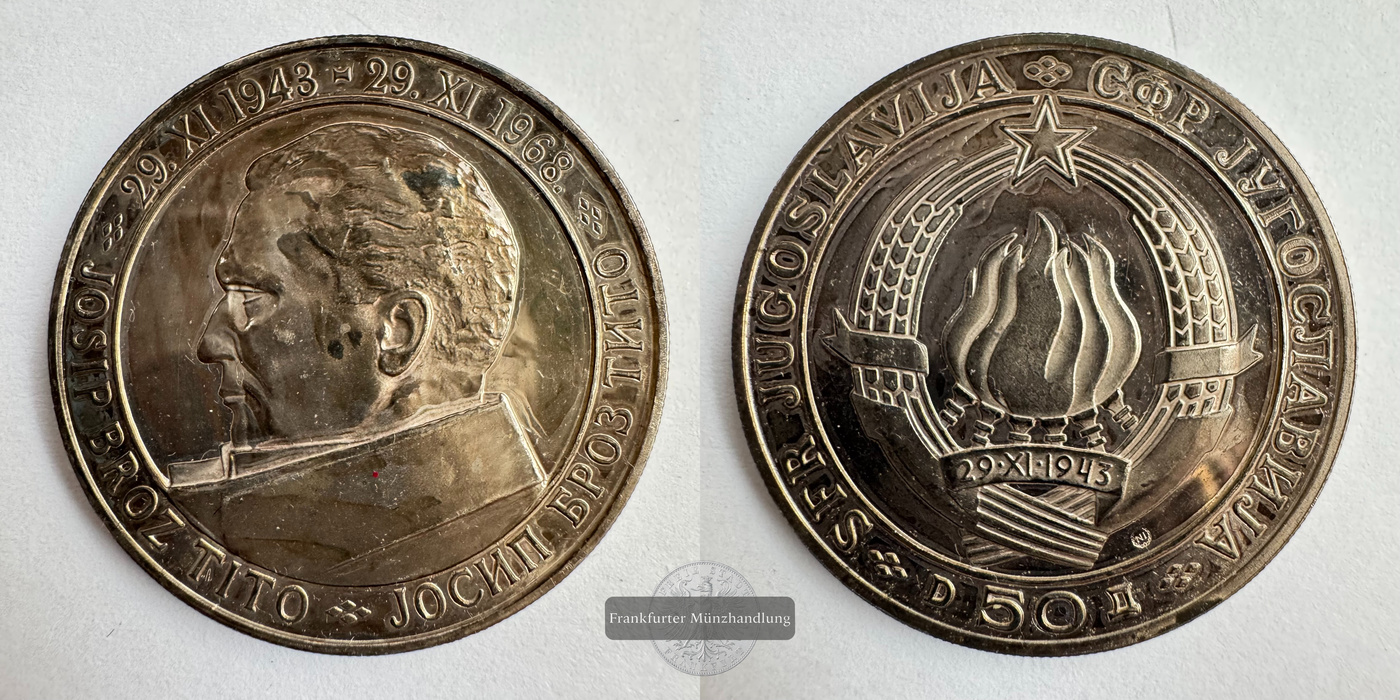  Jugoslawien 50 Dinara (25th Anniv. of the 2nd Session of AVNOJ) 1968 FM-Frankfurt Feinsilber: 18,5g   