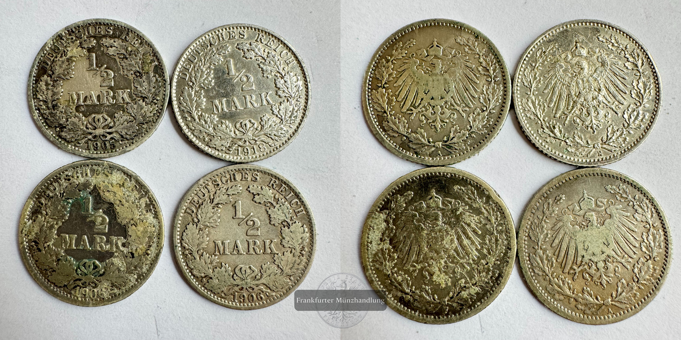  Kaiserreich 4x 1/2 Mark 1905/2x'06/'18 (1905-19) FM-Frankfurt KM#17 Feinsilber: 9,864g   