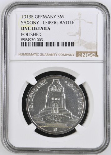  1913E 3 Mark – Sachsen / Völkerschlacht bei Leipzig -NGC UNC Details   