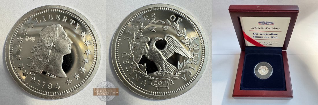  USA Platin Liberty Dollar 1974 COPY (500 Exemplare) MM-Frankfurt Feinplatin: 3g   