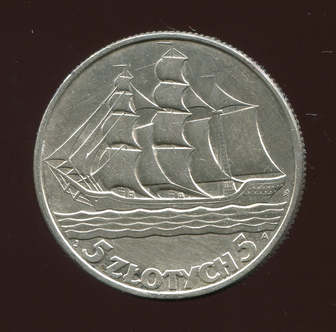  Polen 5 Zlt. 15 Jahre Hafen v. Gdingen Silbermünze von 1936 in vz   