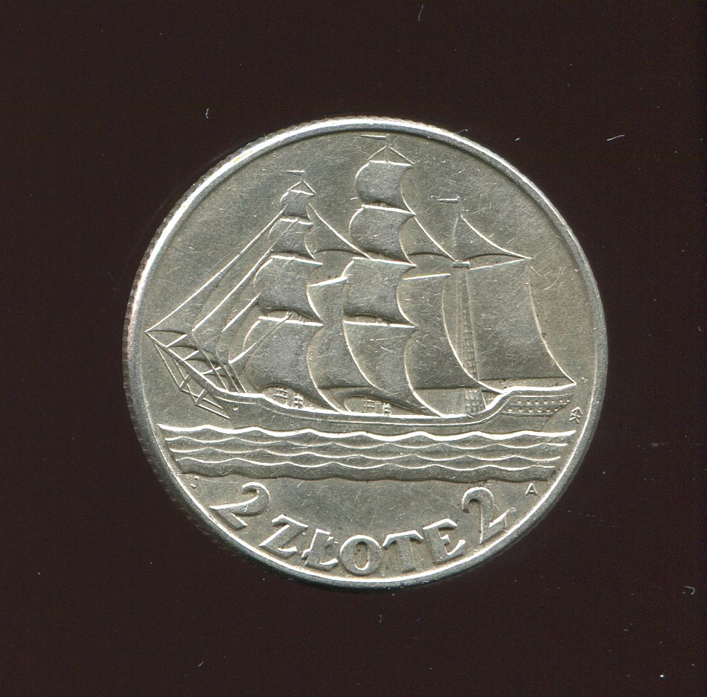  Polen 2 Zlt. 15 Jahre Hafen v. Gdingen Silbermünze von 1936 in vz   