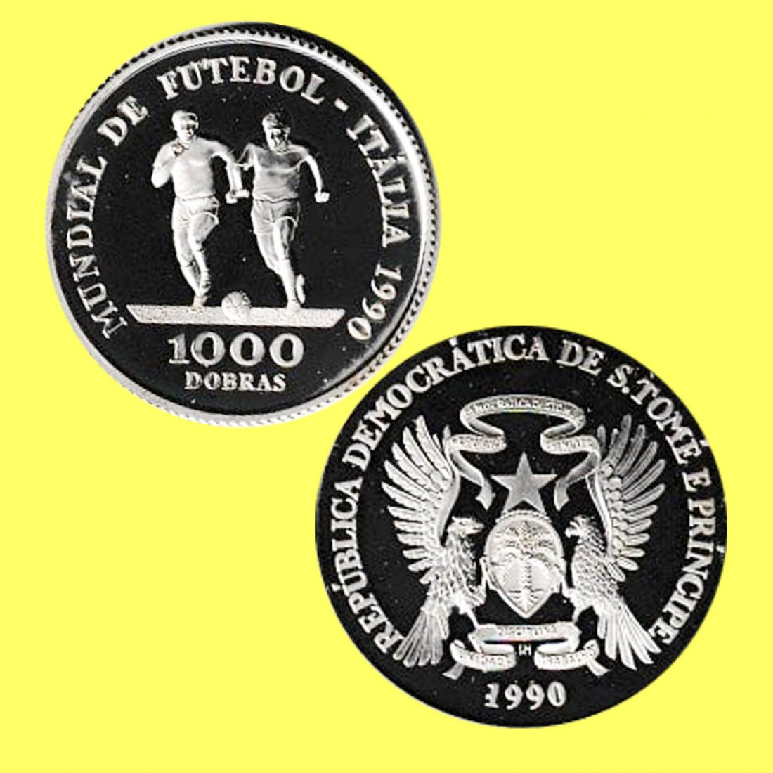  Säo Tome und Principe 1000-Dobras-Silbermünze *XIV. Fußball-WM in Italien* 1990 *PP*   