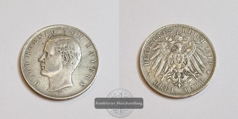  Deutschland Kaiserreich Bayern 3 Mark 1910 Otto FM-Frankfurt KM#996 Feinsilber: 15g   