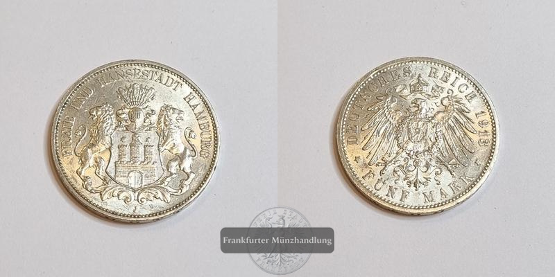  Deutschland Kaiserreich Hamburg 3 Mark 1913 J FM-Frankfurt KM#620 Feinsilber: 15g   