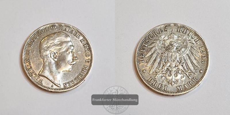  Deutschland Kaiserreich Preussen, 3 Mark 1908 A Wilhelm II FM-Frankfurt KM#527 Feinsilber: 15g   