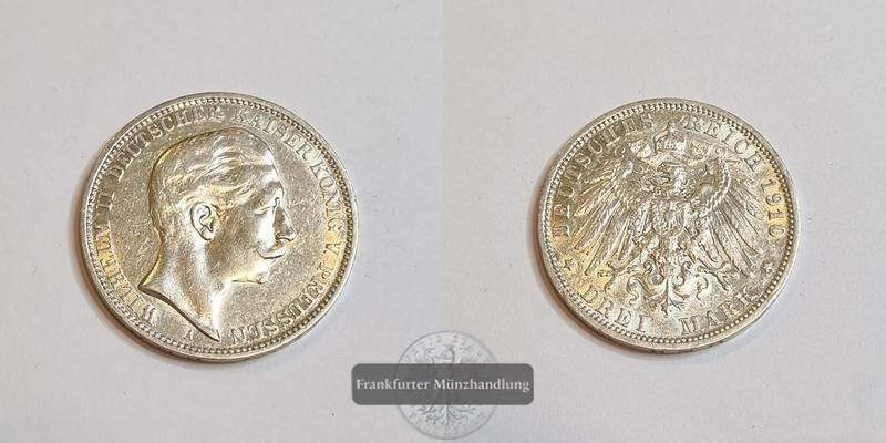  Deutschland Kaiserreich Preussen 3 Mark 1910 A Wilhelm II FM-Frankfurt KM#527 Feinsilber: 15g   