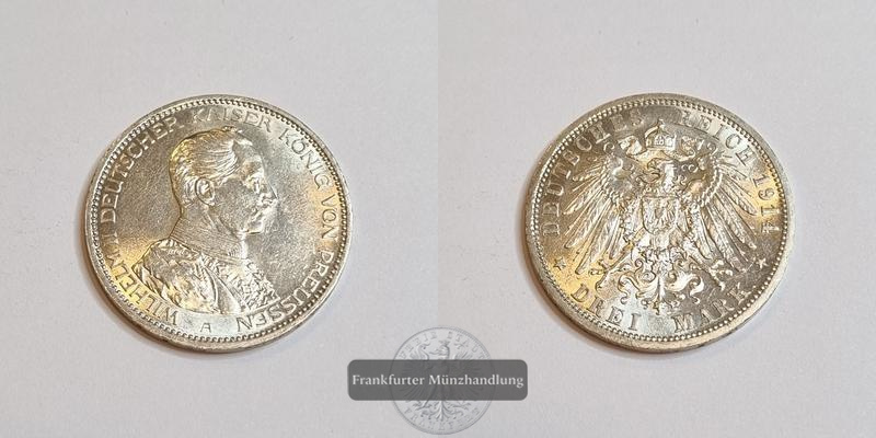  Deutschland Kaiserreich 3 Mark Wilhelm II Preußen 1914 A Uniform FM-Frankfurt KM#538 Feinsilber: 15g   