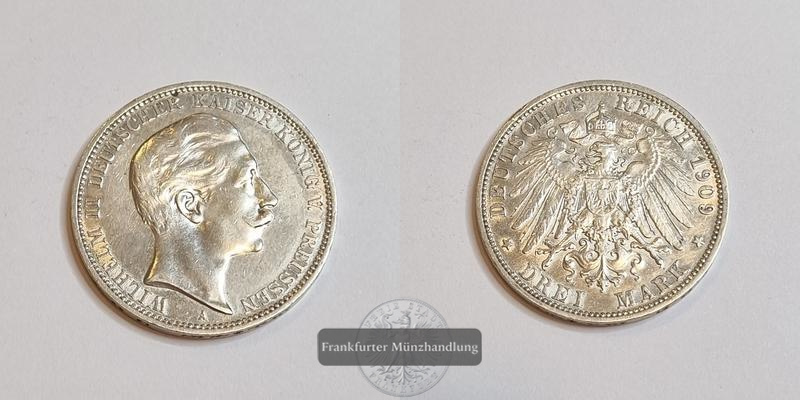  Deutsches Kaiserreich Preussen Wilhelm II. 1888-1918 3 Mark 1909 A FM-Frankfurt Feinsilber: 15g   