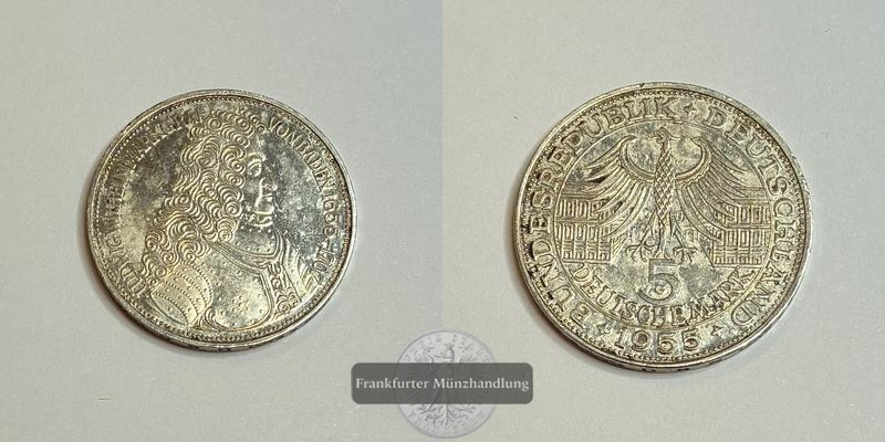  Deutschland 5 Deutsche Mark 1955 Markgraf von Baden FM-Frankfurt KM#115 Feinsilber: 7g   