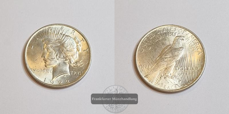  USA 1 Dollar 1922 Peace Dollar FM-Frankfurt Feinsilber: 24,03g   