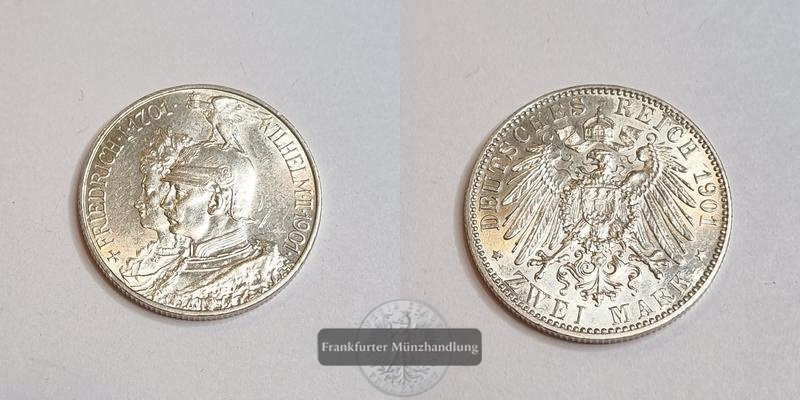  Deutschland Kaiserreich 2 Mark 1901 200 Jahre Preußen FM-Frankfurt KM#525 Feinsilber: 10g   