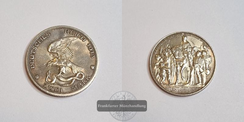 Deutsches Kaiserreich Preussen 3 Mark 1913 Befreiung J#110 FM-Frankfurt Feinsilber: 15g   